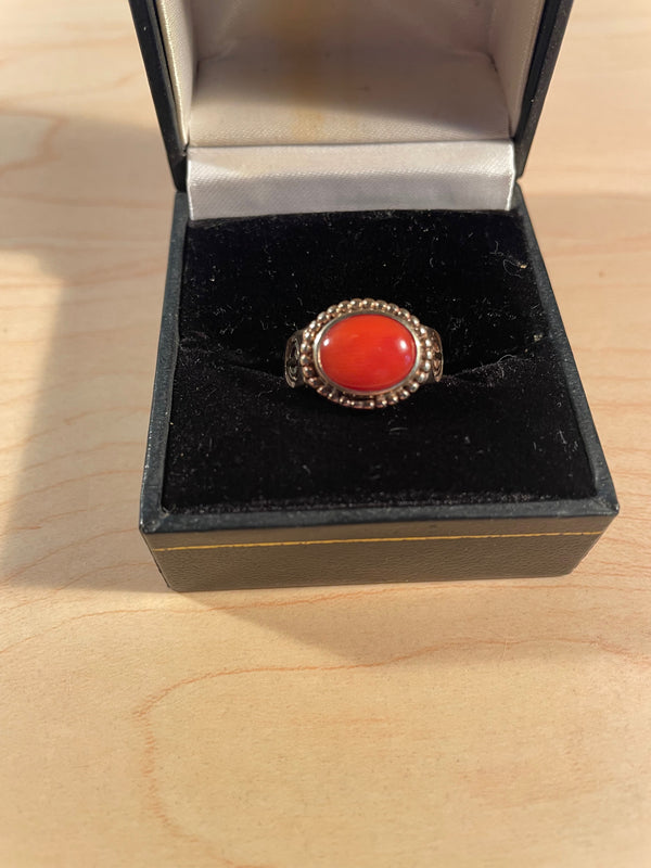 Solid gold and oxblood coral ring with Khanda / Adi Shakti symbols